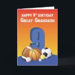 Große Grandson 9. Geburtstagssportbälle Karte<br><div class="desc">Stehend hoch in der Mitte der Karte ist die Nummer neun,  umgeben von einer Sammlung von Sportbällen. Diese Karte soll Ihren Urenkel zu einem glücklichen 9. Geburtstag begrüßen,  wenn der Tag der Feier schließlich kommt.</div>