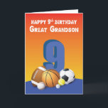 Große Grandson 9. Geburtstagssportbälle Karte<br><div class="desc">Stehend hoch in der Mitte der Karte ist die Nummer neun,  umgeben von einer Sammlung von Sportbällen. Diese Karte soll Ihren Urenkel zu einem glücklichen 9. Geburtstag begrüßen,  wenn der Tag der Feier schließlich kommt.</div>