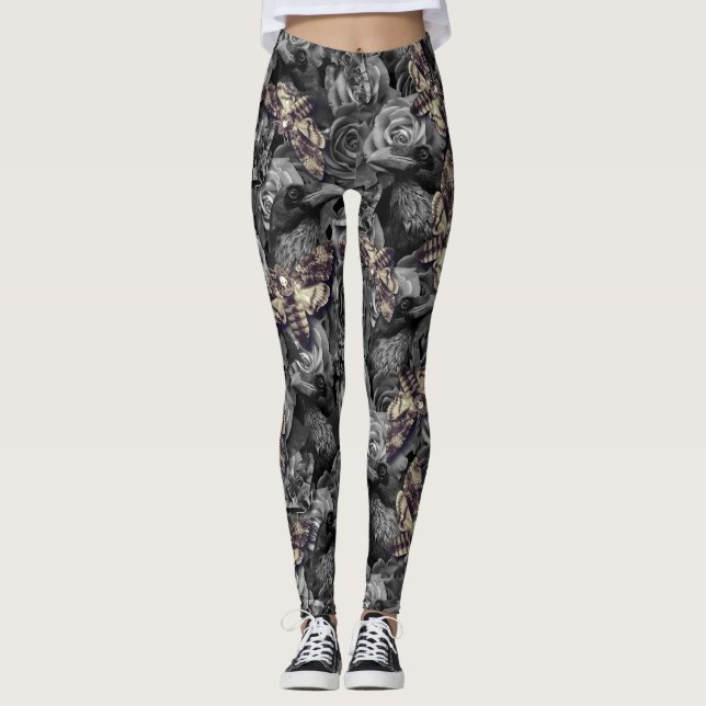 Große graue Totenkopf Hawk Moths Gothic Raven Leggings (Vorderseite)