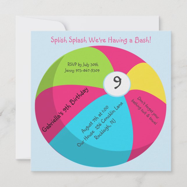 Große, helle Wasserball-Geburtstags-Einladung Einladung (Vorderseite)