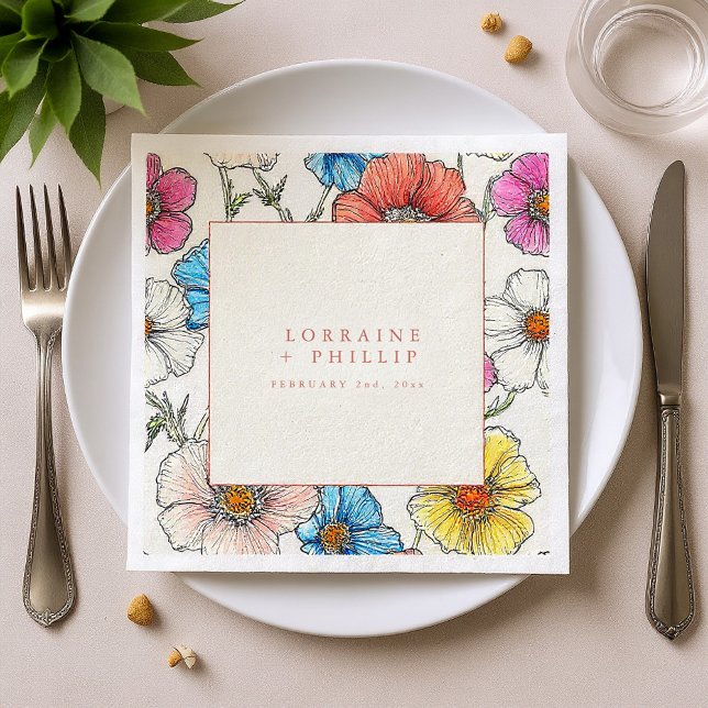 Große helle wilde Blume Hochzeitslippe Serviette (Large bright wild flowers wedding napkin.)