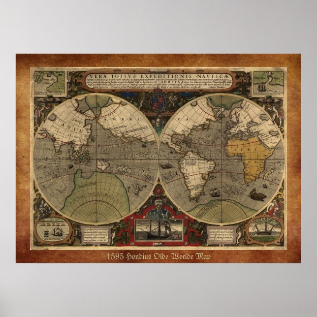 Große historische Karte "1595 World Map of Hondius Poster (Vorne)