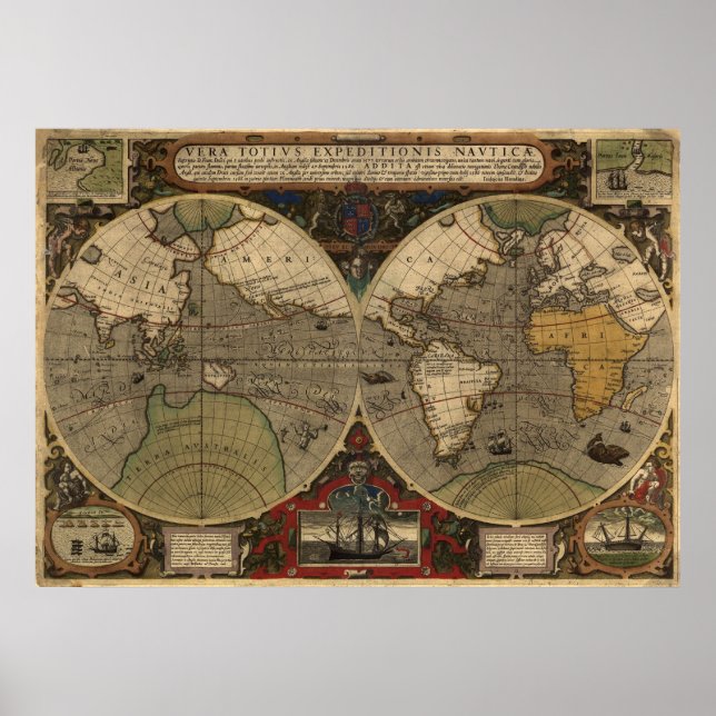 Große historische Karte "1595 World Map of Hondius Poster (Vorne)