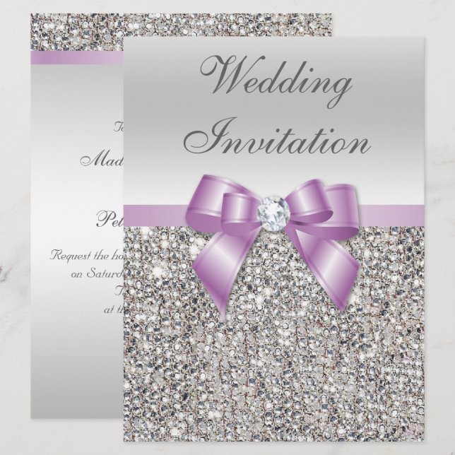 Große Hochzeitsskizzen Silver Sequins Lilac Bow Im Einladung (Vorne/Hinten)