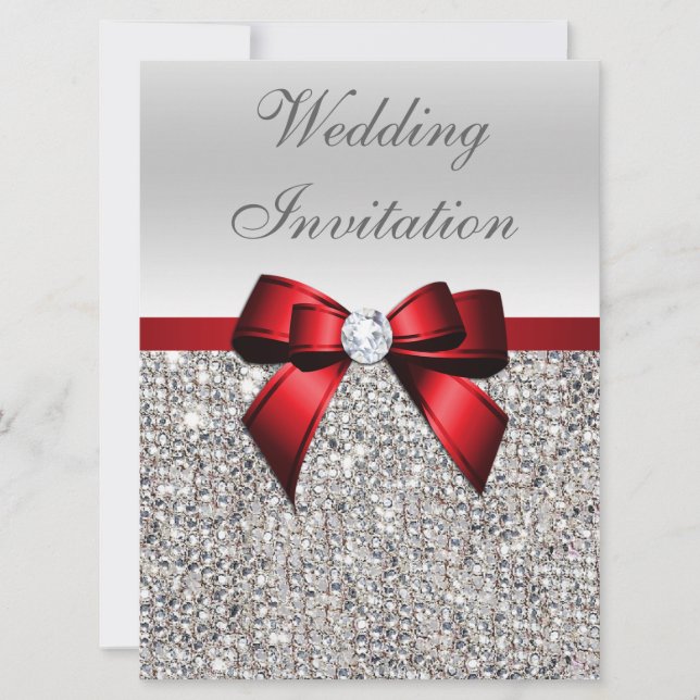 Große Hochzeitsskizzen Silver Sequins Red Bow Einladung (Vorderseite)
