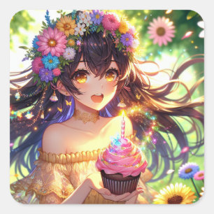 Große Hübsche Anime Girl zum Geburtstag Quadratischer Aufkleber