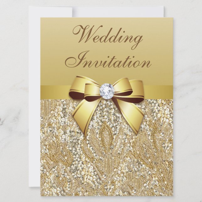 Große Imitate Gold Sequins und Bow Wedding Einladung (Vorderseite)