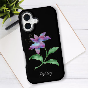 Große irisierende Blume, Schriftname auf Schwarz iPhone 16 Hülle