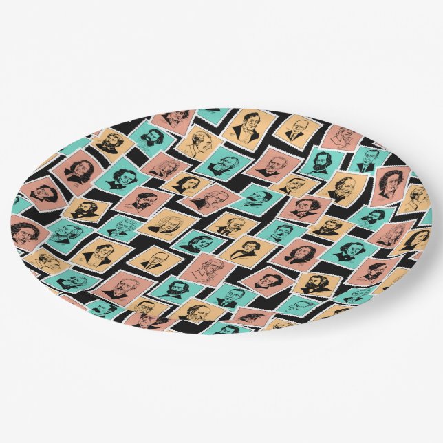 Große Komponisten auf Briefmarke, Trikolormuster - Pappteller (Schrägansicht)