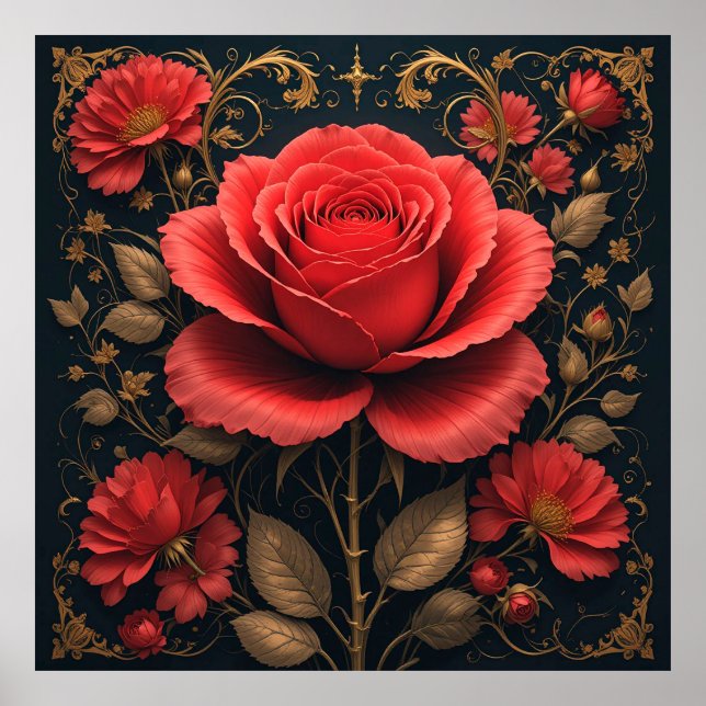 Große, lebendige rote Rose Poster (Vorne)