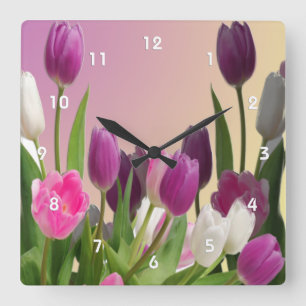 Große Lila und weiße Tulpen Quadratische Wanduhr