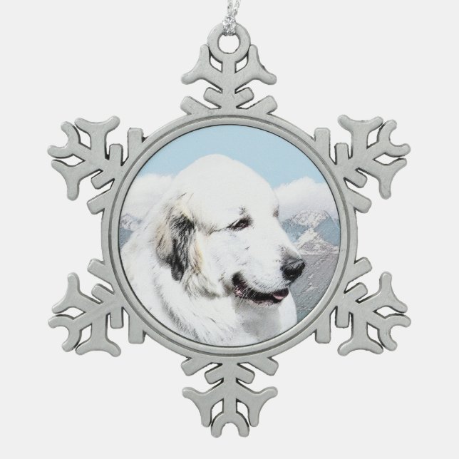 Große malende Pyrenäen - ursprüngliche Hundekunst Schneeflocken Zinn-Ornament (Vorderseite)