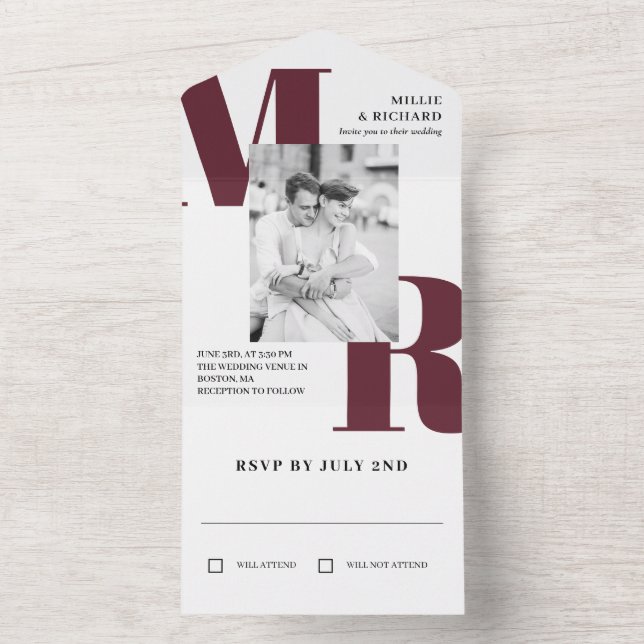 Große Marsala Initials Typografy Foto Hochzeit All In One Einladung (Innen Boden)