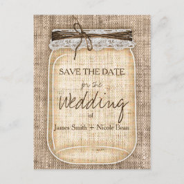 Große Mason Jar & Burlap Lace Rustikal Save the Da Ankündigungspostkarte