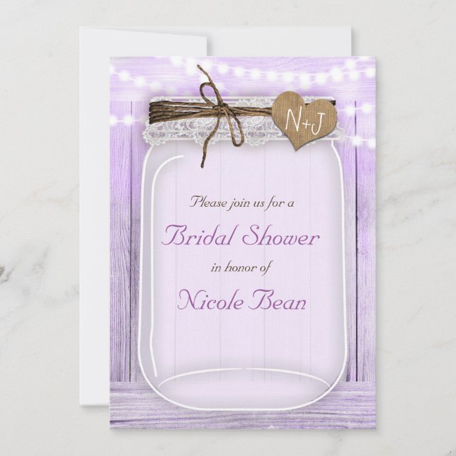 Große Mason Jar & Lights Lavender Lila rustikal Einladung (Vorderseite)