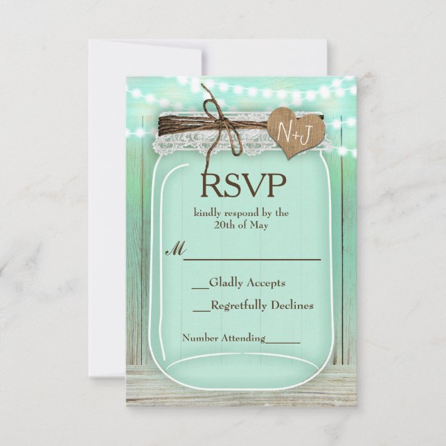 Große Mason Jar & Lights Mint Rustic Wedding RSVP Karte (Vorderseite)