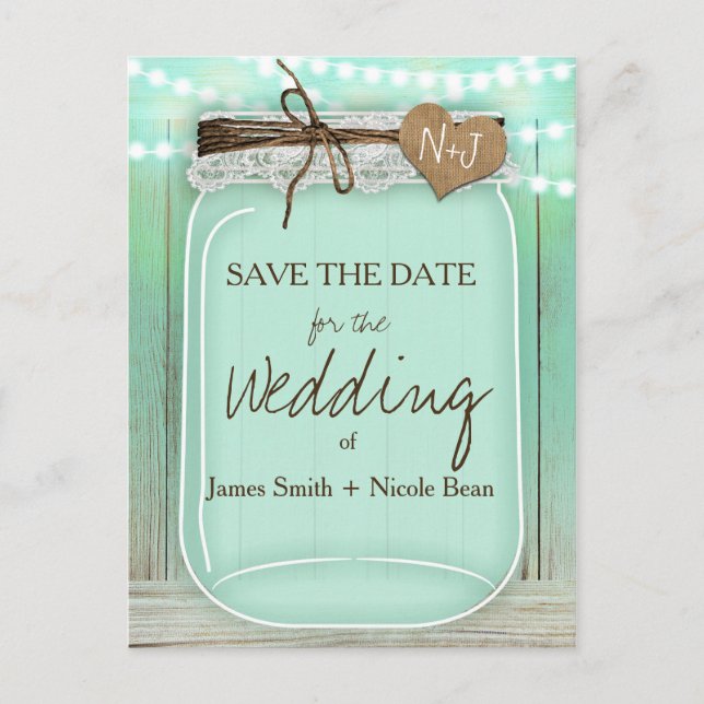 Große Mason Jar Mint + Lights Rustikal Save the Da Ankündigungspostkarte (Vorderseite)