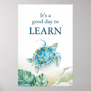 Große Meeresschildkröte und Monstera-Blätter Poster