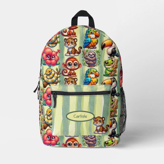 Große Mit Augen Rainforest Cartoon Freunde Bedruckter Rucksack (Vorderseite)