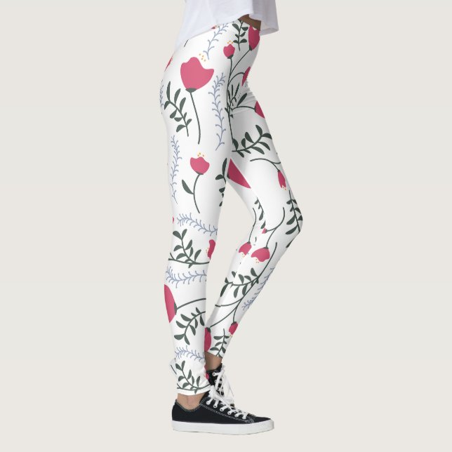 Große moderne Aquarellrot-Blume mit Verlassen Leggings (Rechts)