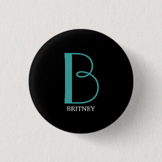 Große Monogramm und Name, Aquamarin/weiß, schwarz Button