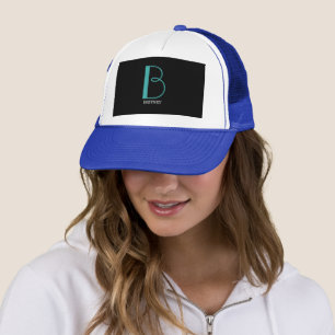 Große Monogramm und Name, Aquamarin/weiß, schwarz Truckerkappe