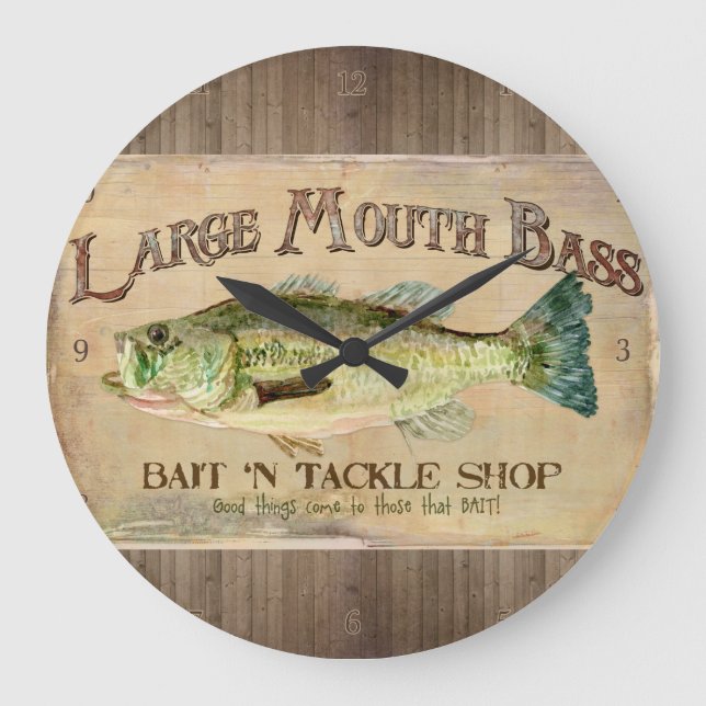 Große Mouth Bass Fisherman Cabin Wood Boards Große Wanduhr (Vorderseite)