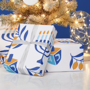 Große Muster Menorah und Dreidel Hanukkah Geschenkpapier