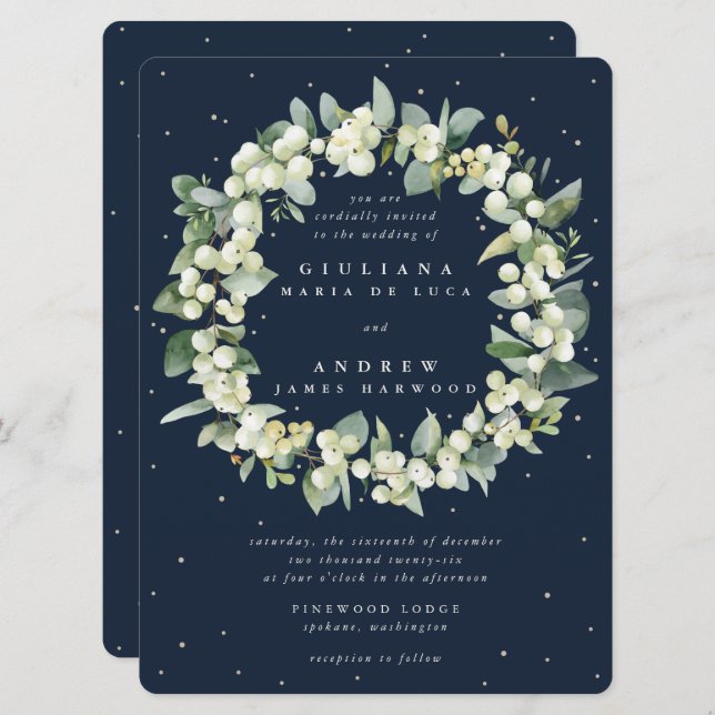 Große Navy Snowberry+Eucalyptus Wreath Wedding Einladung (Vorne/Hinten)