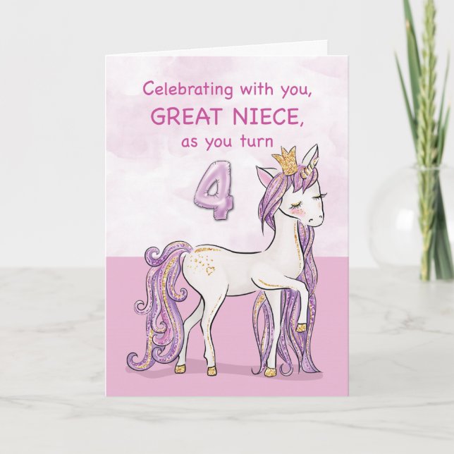 Große Nichte 4. Geburtstag rosa Pferd mit Krone Karte (Vorderseite)