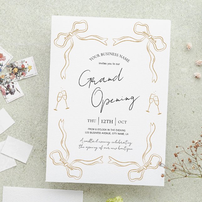Große Öffnung Hand gezeichnet einzigartig Moderne Einladung (Create unique invitations for your grand opening with this hand drawn bow company invite design)