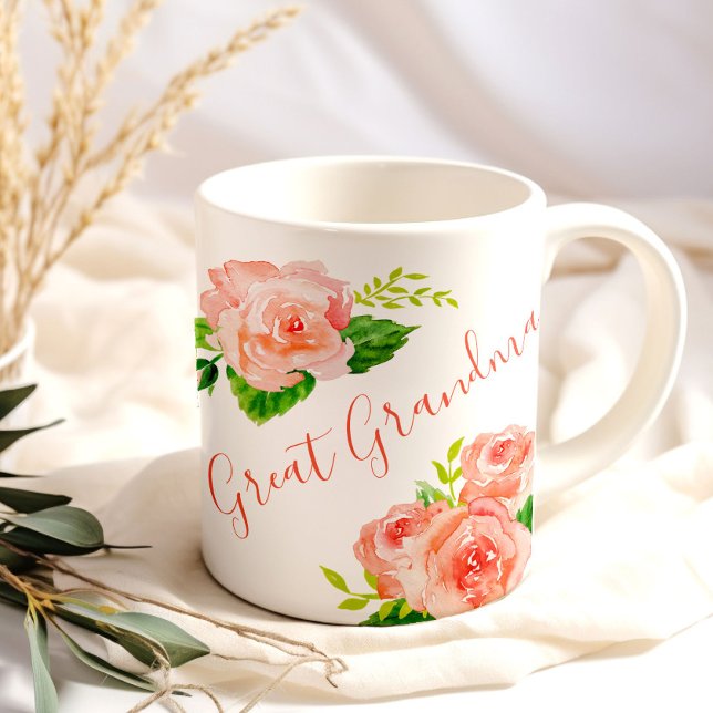 Große Oma Watercolor Blumenkoralle Rosa Rose Kaffeetasse (Floral white mug for Great Grandma)
