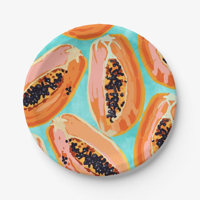Große Papaya-Aquarellmalerei, tropische Früchte Pappteller (Vorderseite)