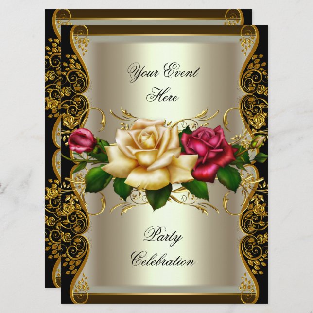 GROSSE Party-Creme Gold Black Rose Einladung (Vorne/Hinten)