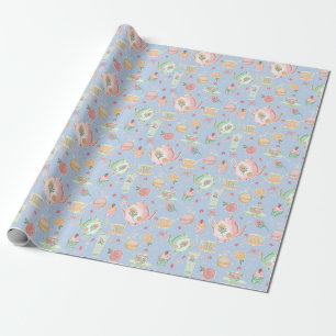 Große Pastell-Wasserfarbe-Teekannen auf Blau Geschenkpapier