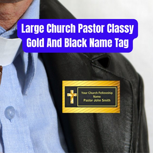 Große Pfarrkirche Klassisches Gold und Schwarz Namenschild (Large Church Pastor Classy Gold And Black Name Tags)
