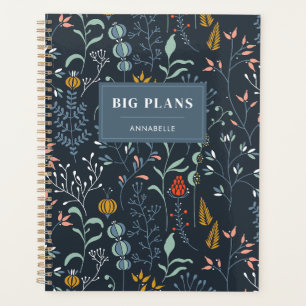 'Große Pläne' Monogramm Name Blau Wildgras Muster Planer