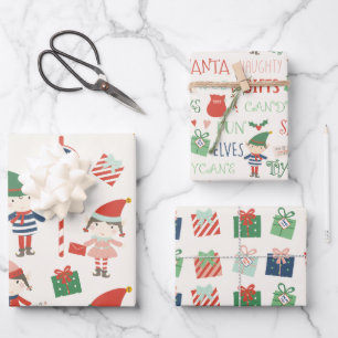Große Print Santas Elves Muster Weihnachten Geschenkpapier Set