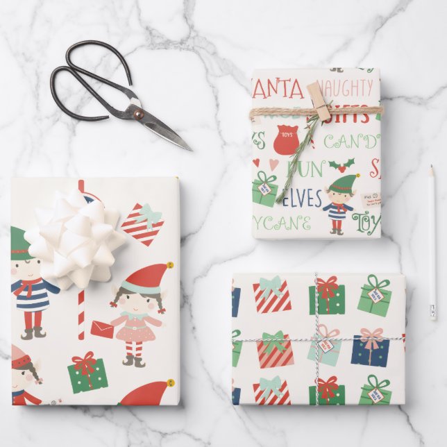 Große Print Santas Elves Muster Weihnachten Geschenkpapier Set (Vorderseite)