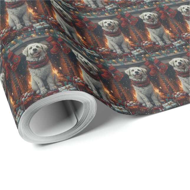Große Pyrenäen Hund mit Weihnachtsgeschenken Feuer Geschenkpapier (Rolleneckpunkt)
