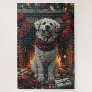 Große Pyrenäen Hund mit Weihnachtsgeschenken Feuer Puzzle