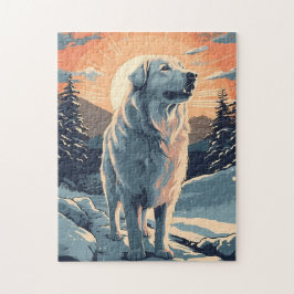 Große Pyrenäen im Schneewald bei Sonnenuntergang Puzzle