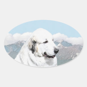 Große Pyrenäen Malerei - Original Hunde Kunst Ovaler Aufkleber