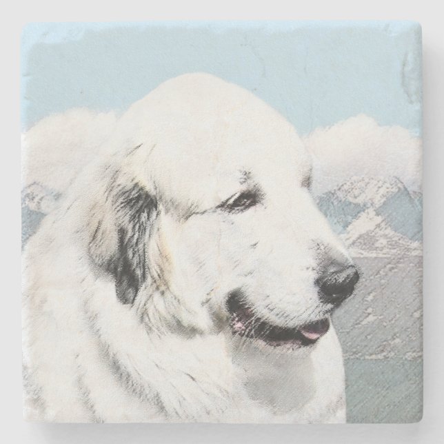 Große Pyrenäen Malerei - Original Hunde Kunst Steinuntersetzer (Vorderseite)