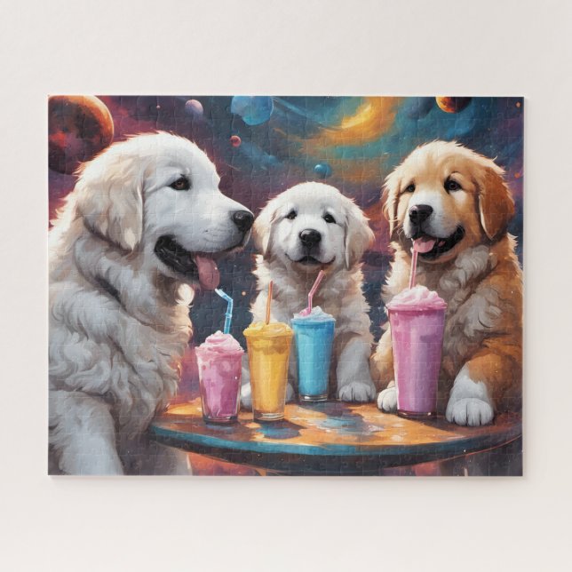 Große Pyrenäen Mama und Welpen mit Milchshakes Puzzle (Horizontal)