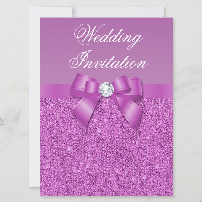 Große Radiant Orchid Sequins Bow & Diamond Wedding Einladung (Vorderseite)