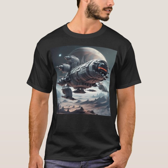 Große Raumsonde über einem sandigen Bergplaneten T-Shirt (Vorderseite)
