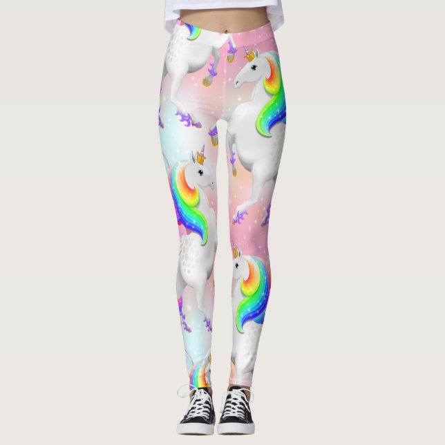 Große Regenbogenpresse auf rosa und blau Leggings (Vorderseite)