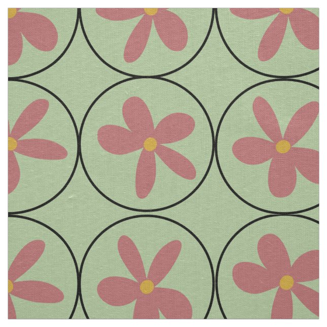 Große Retro-Blumenfliese Mint auf Elfenbeinfarbene Stoff (Muster)