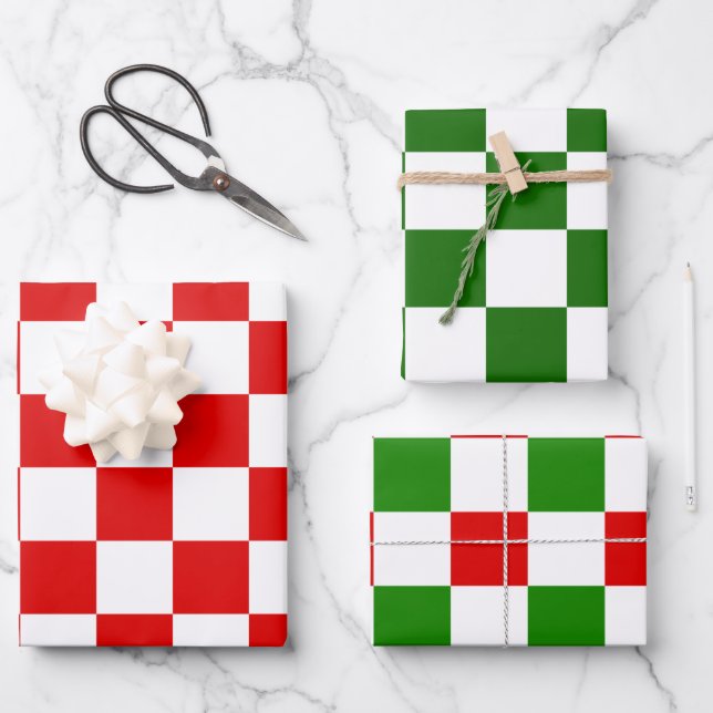 Große Retro-Checkerboard Rot und Grün Weihnachten Geschenkpapier Set (Vorderseite)